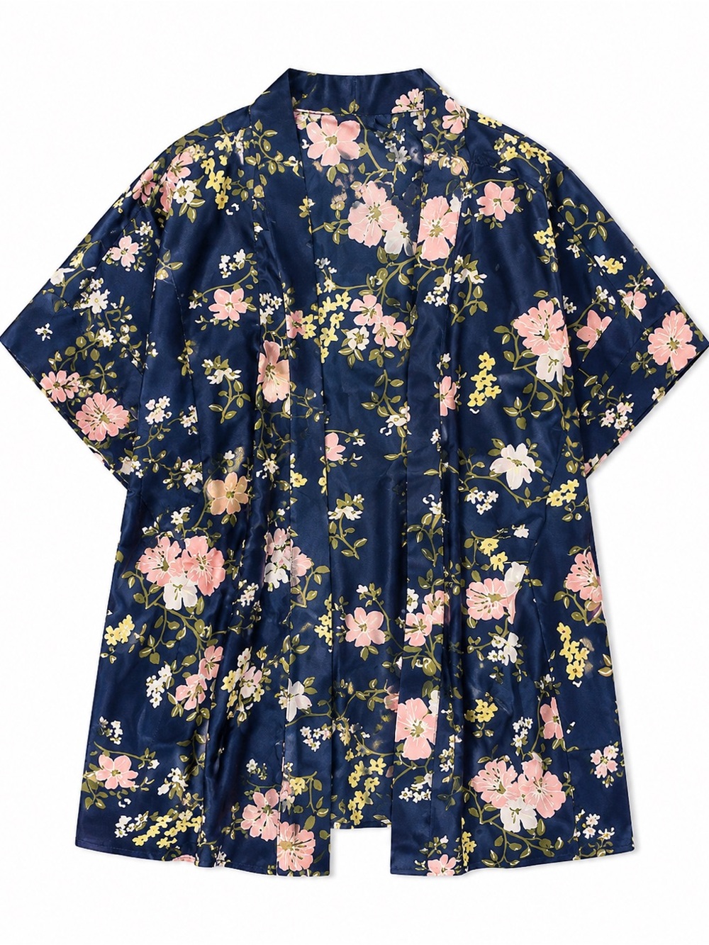 Navy Floral Satin Kimono Cardigan, Kimono Cover Up